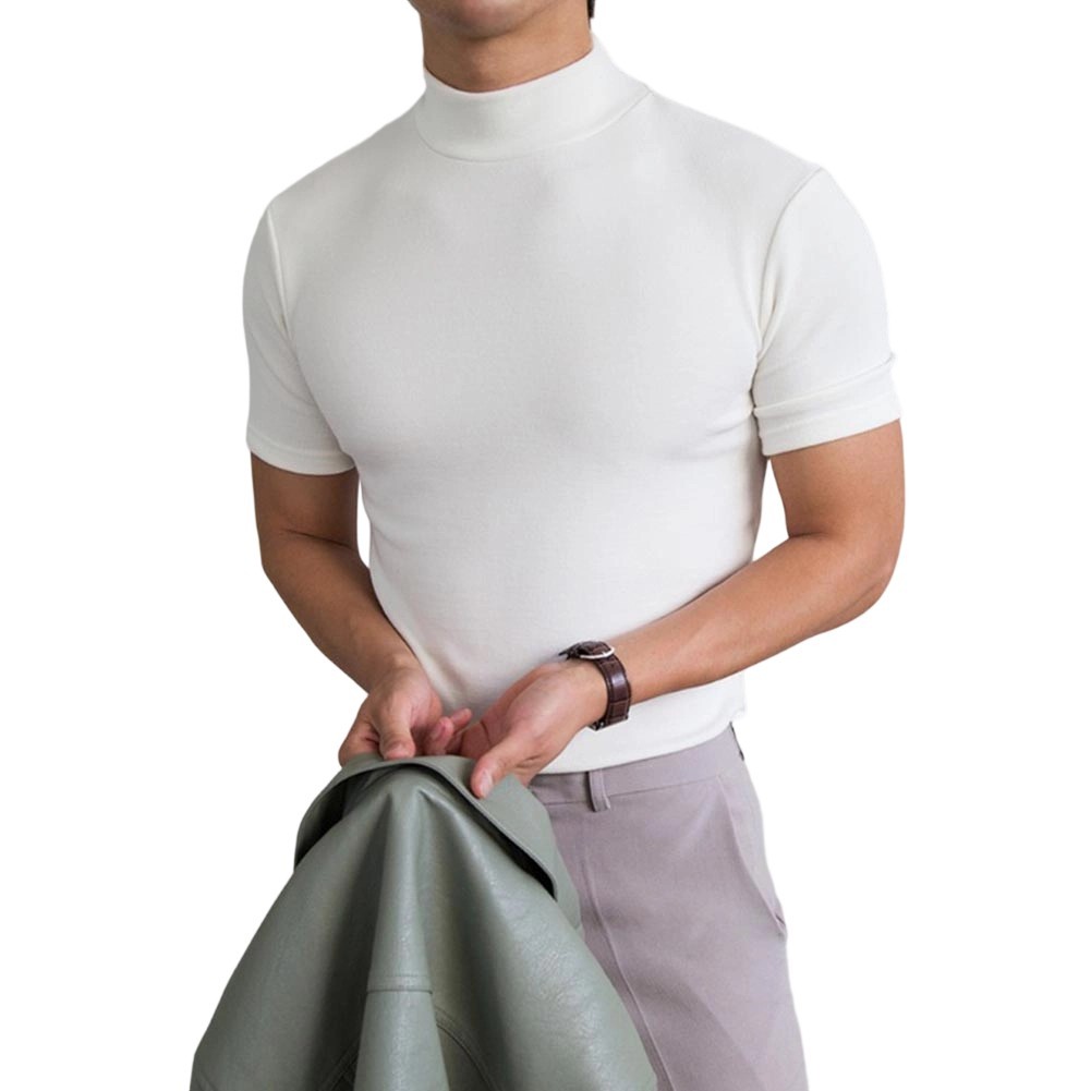Polyester Spandex Men&rsquo;s Tight Fit T Shirt Half High Neck Short Sleeve S-3XL