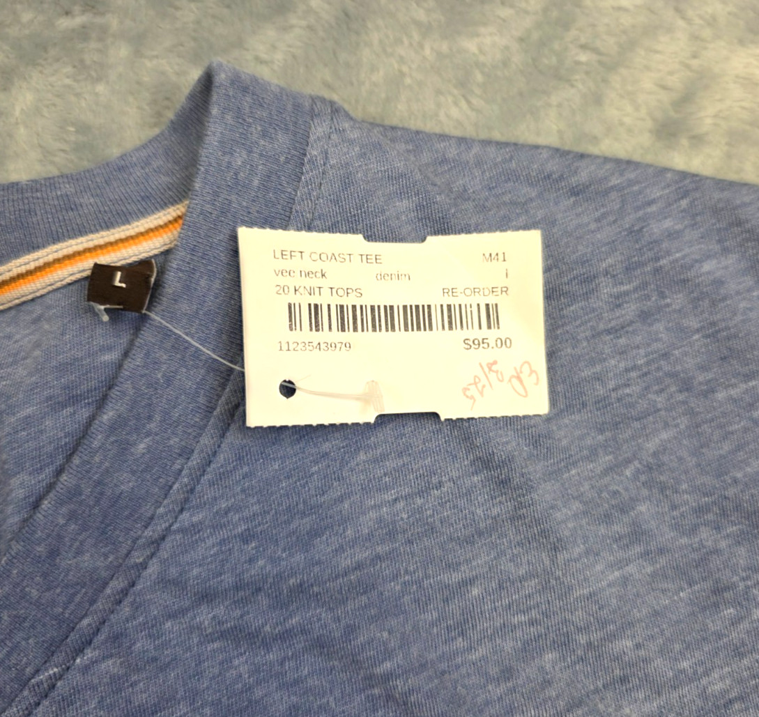 $95 New LEFT COAST TEE SHIRT Cotton Polyester Men&rsquo;s LARGE L Heather Blue V-NECK