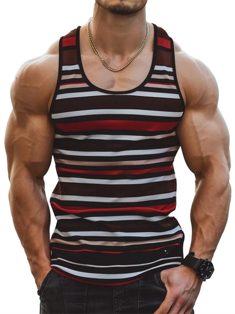 Retro Striped Graphic Tank Tops For Men Fashion Casual Summer Sleeveless 3D.