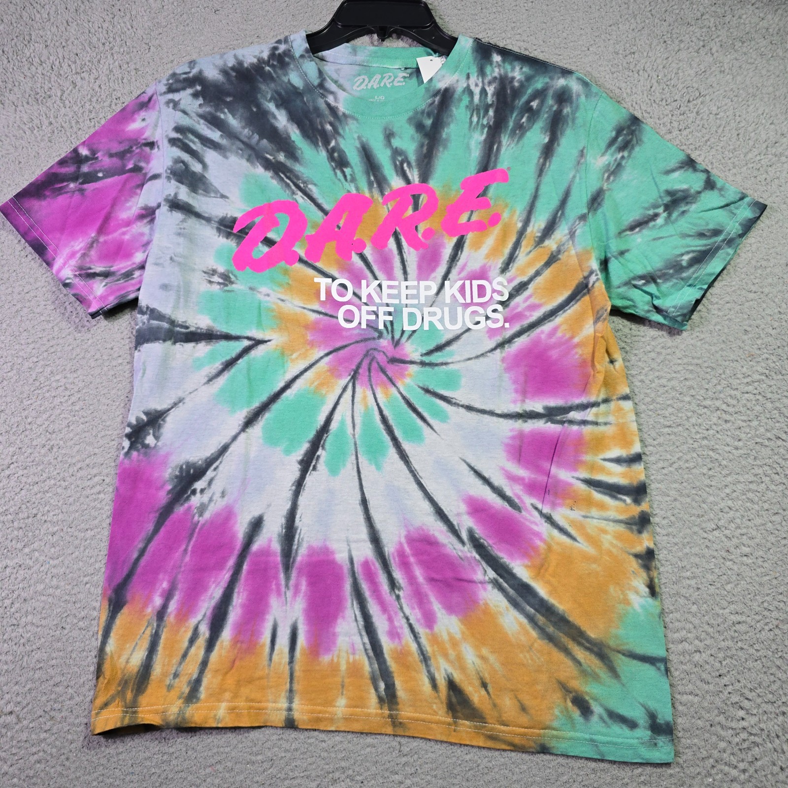DARE Shirt Tie Dye Mens Large Black Faded Keep Kids Off Drugs Casual Retro NWT