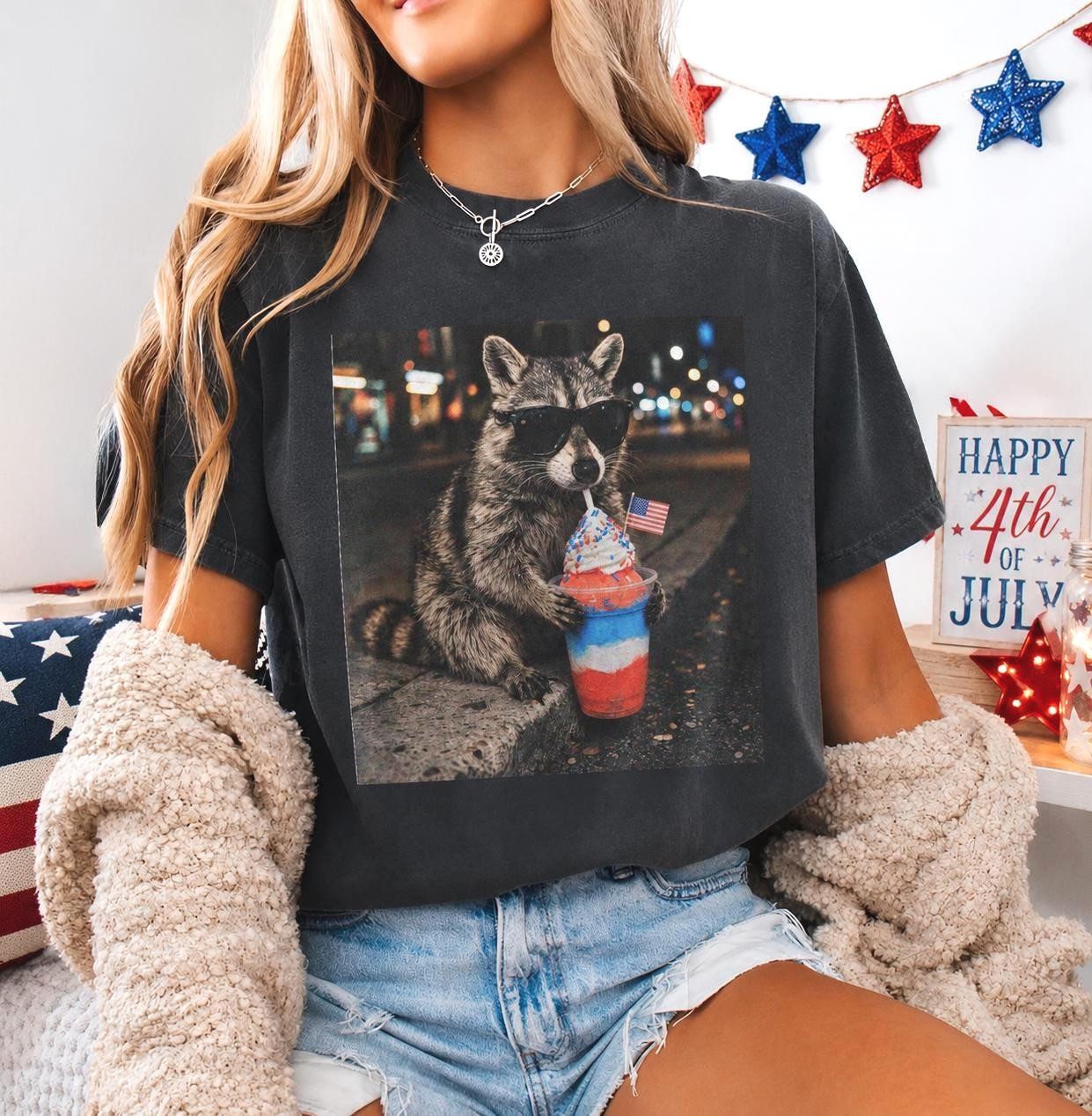 Funny 4th of July Raccoon Shirt Patriotic Slushie Red White Blue Tee