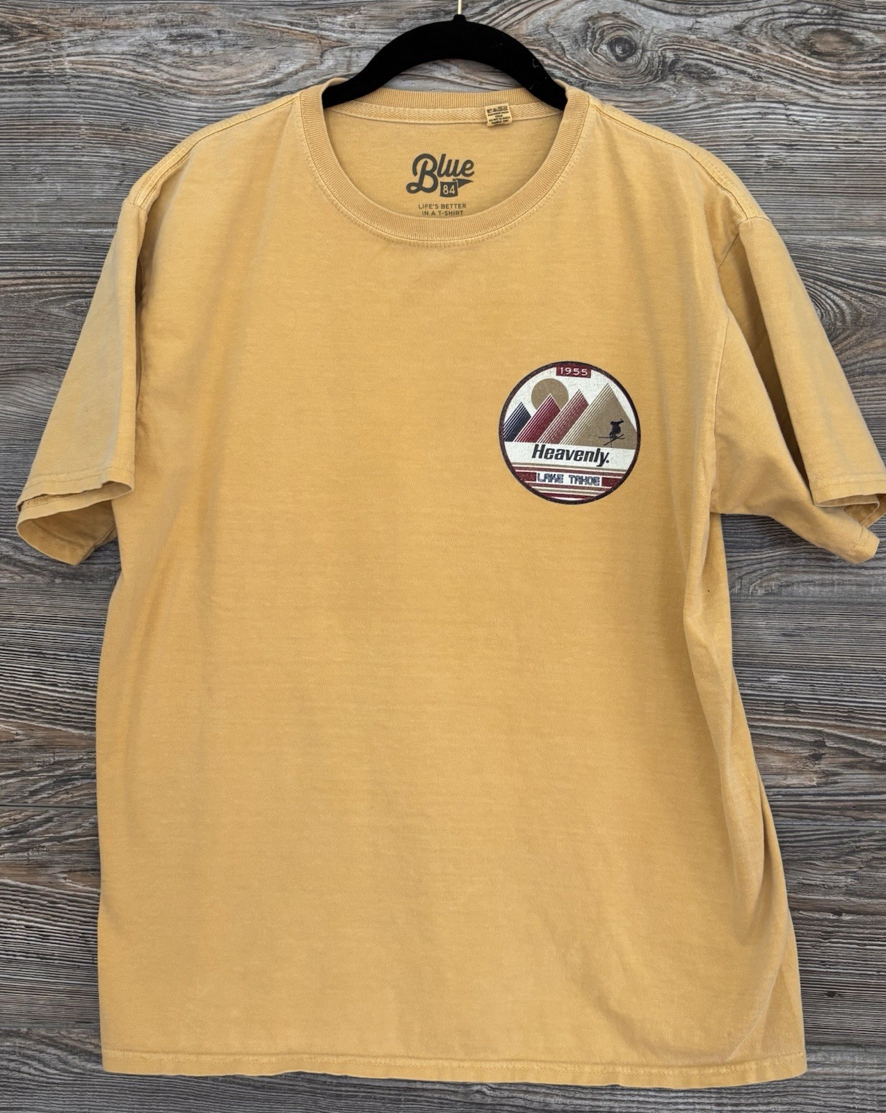 Blue 84 Heavenly Lake Tahoe CA Men&rsquo;s M Yellow Double-Sided Graphic Tee Crew Neck