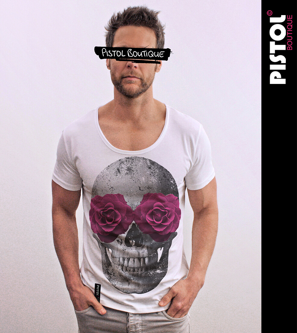 Pistol Boutique Men&rsquo;s Fitted White Round Scoop Neck ROSE EYES SKULL T-shirt