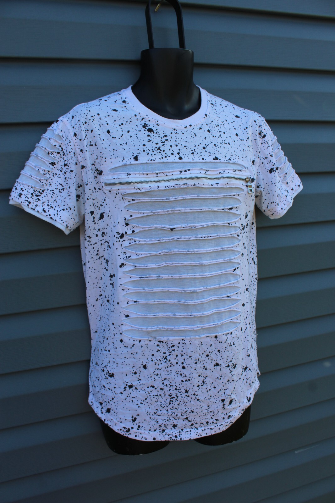 Carbon Short Sleeve Paint Splatter Distressed Shirt Shredded Zipper Size MEDIUM