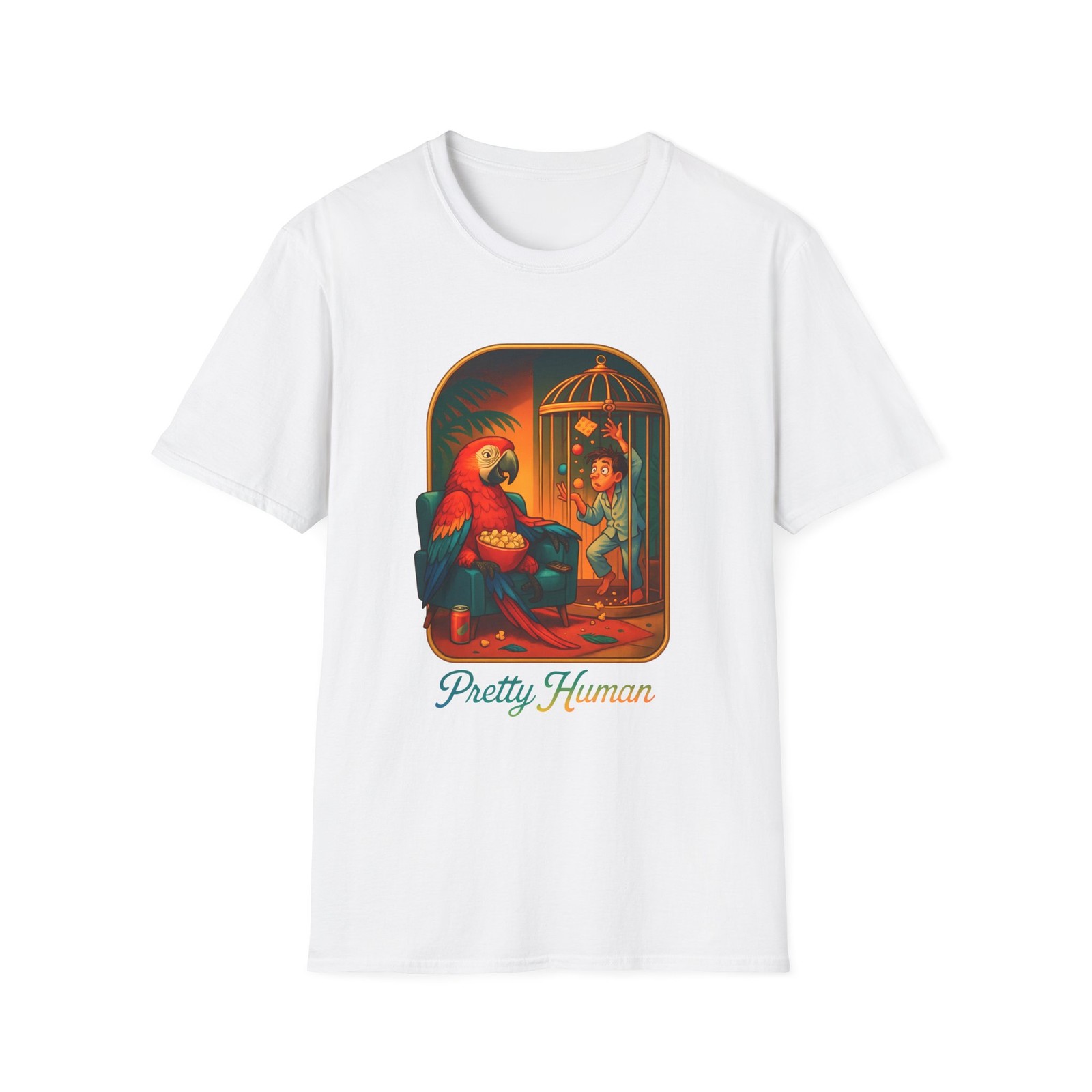 Unisex Softstyle T-Shirt Macaw Parrot Human Birdcage Humor Surreal