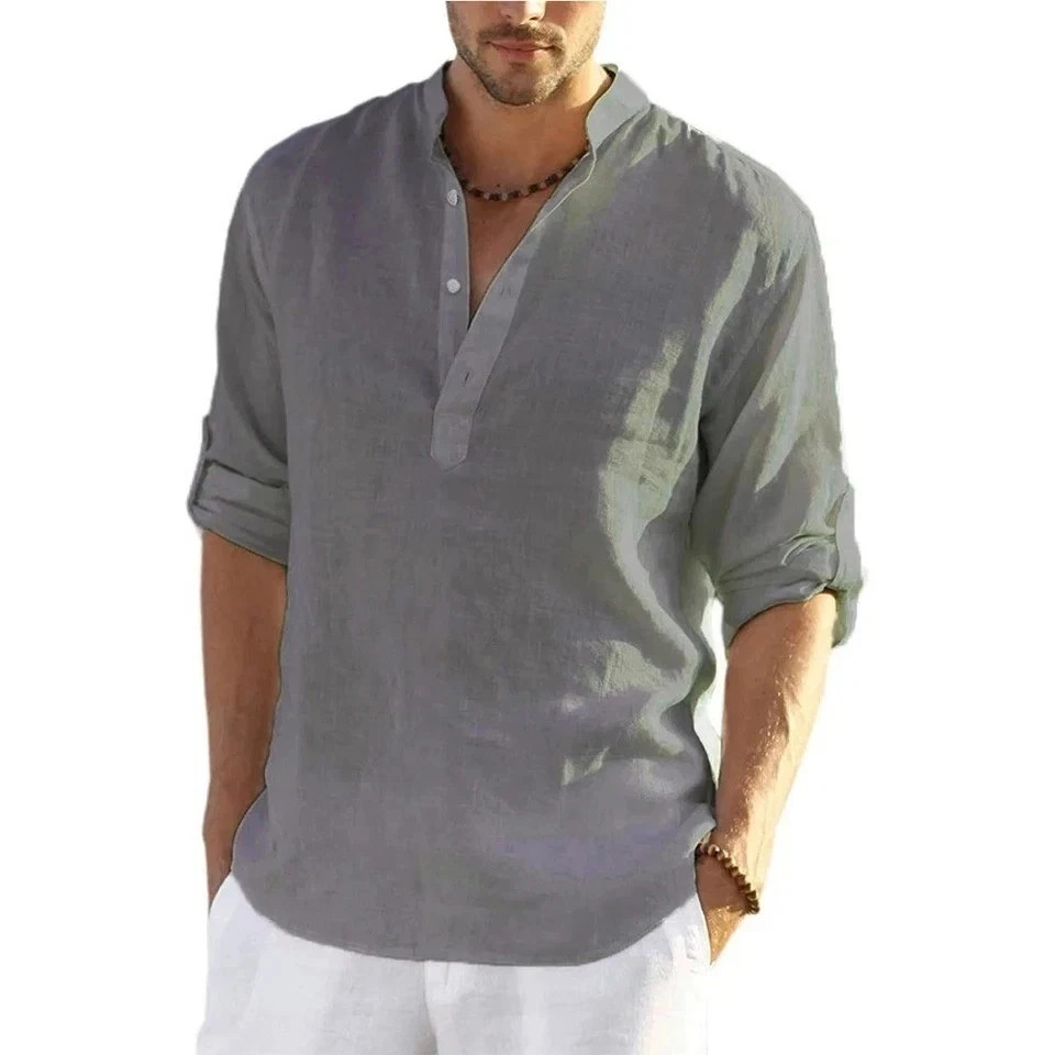 Men&rsquo;s Cotton Linen Henley Long Sleeve Shirt Casual Beach T-shirt Tee Summer Gift