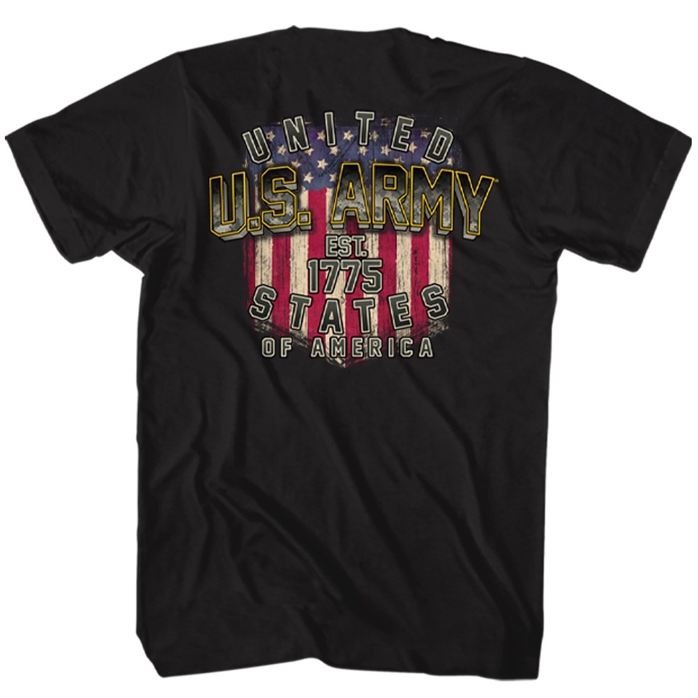 US ARMY United States Of America Est 1775 Black T-Shirt 2 Sided Flag Graphic Tee
