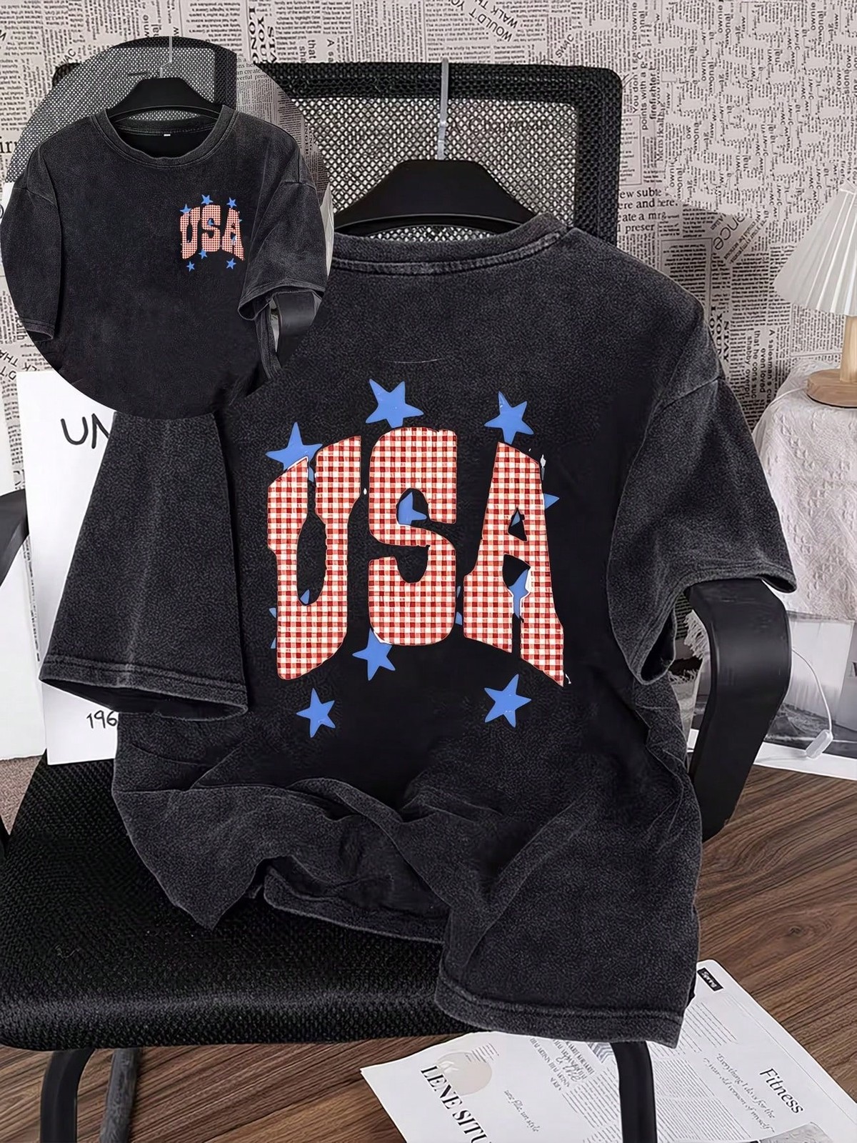 Unisex Vtg Acid Wash Black Gingham USA Star Oversized 4th July Top
