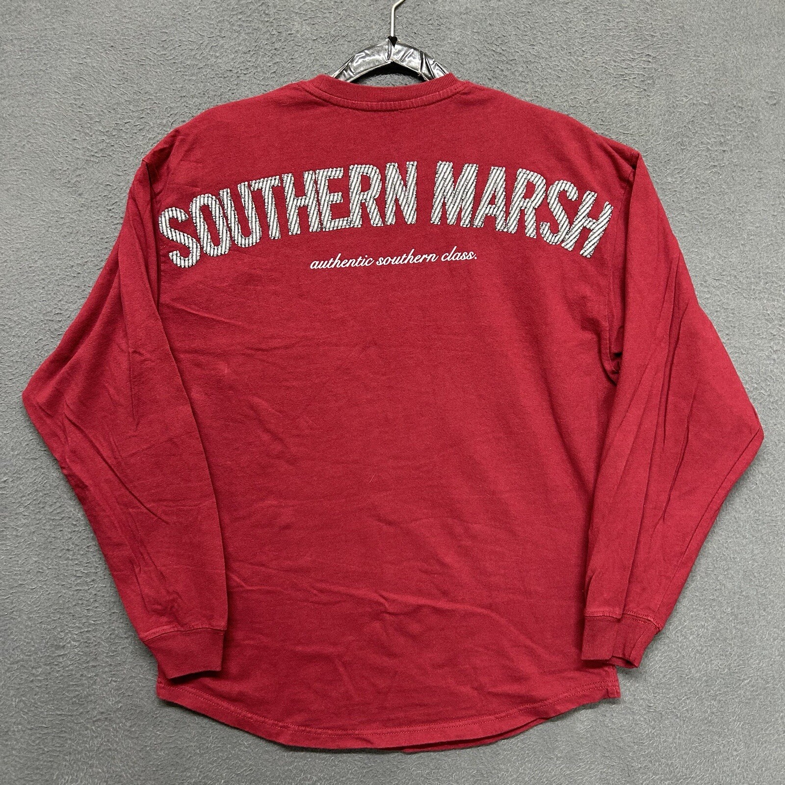 Southern Marsh T Shirt Mens Extra Small Red Long Sleeve T Shirt Pocket Spell Out