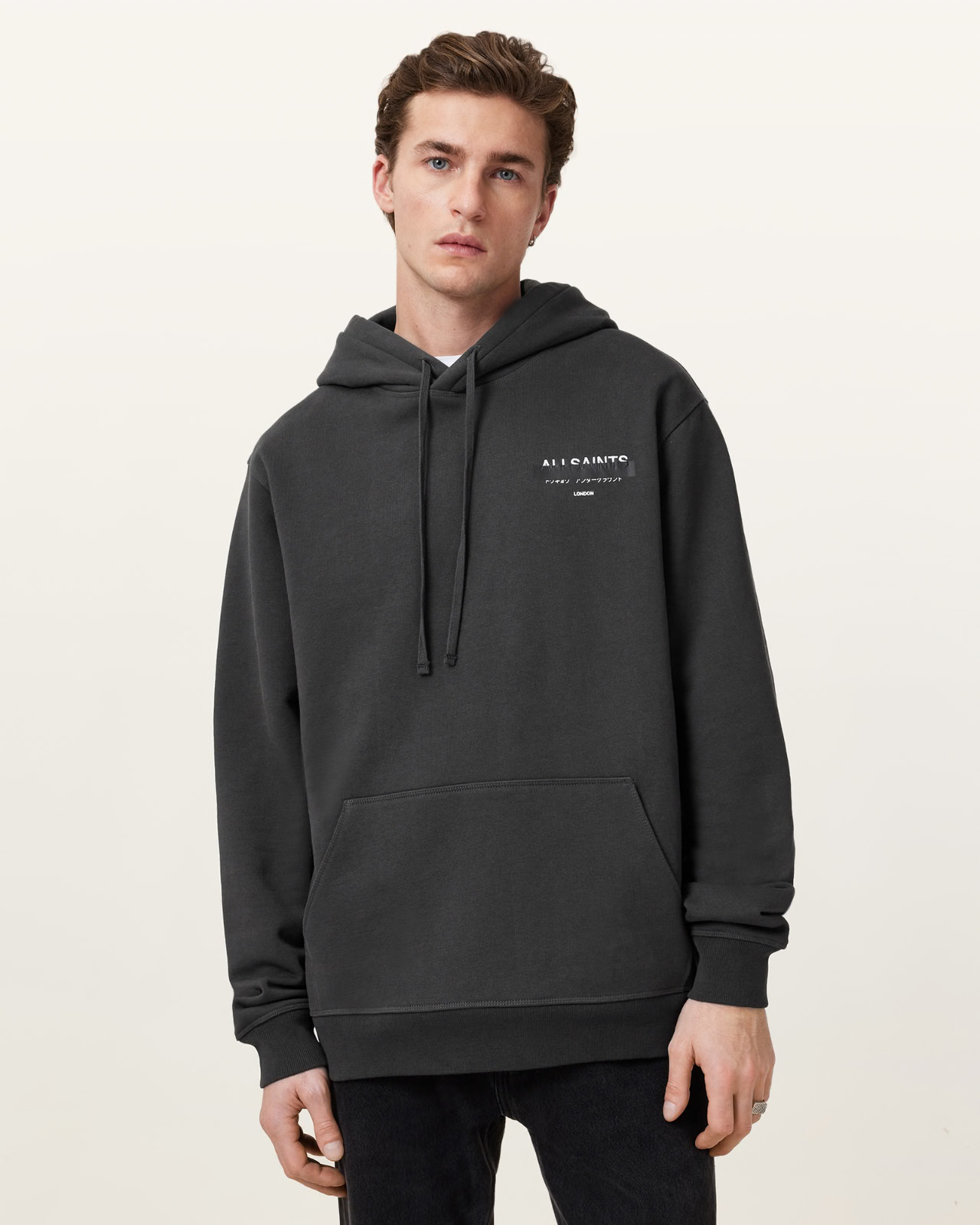 All Saints Mens Redact Washed Black Hoodie Relaxed Fit Embroidered Sweatshirt