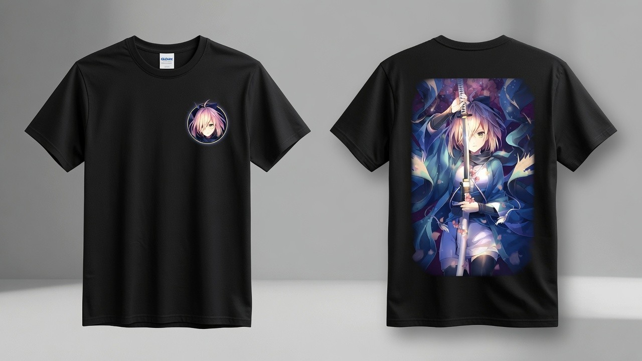 Samurai Anime Girl Katana Blue Kimono Black Gildan T-Shirt