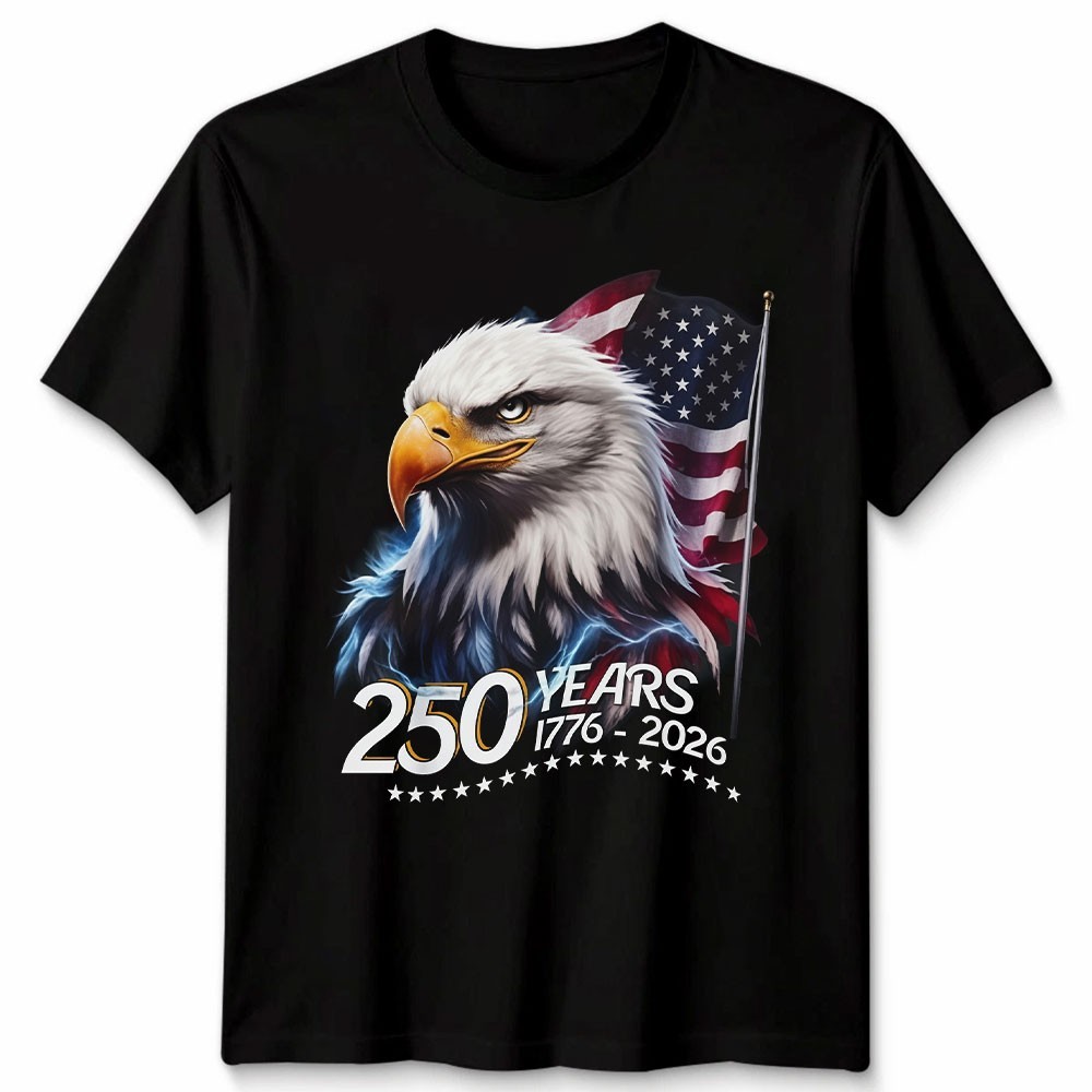 USA 250th Anniversary T-Shirt Bald Eagle Flag Lightning Black Men Unisex Tee