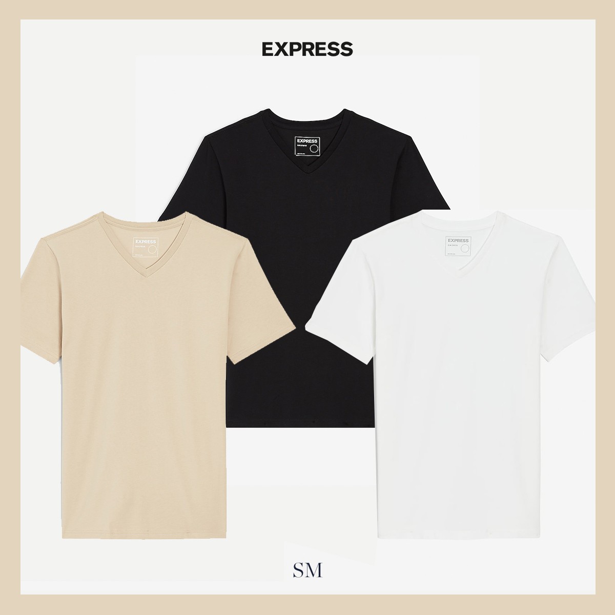 NWT – EXPRESS Men&rsquo;s 3 Pack Slim Stretch V-Neck Neck T-Shirts Sand Black White S