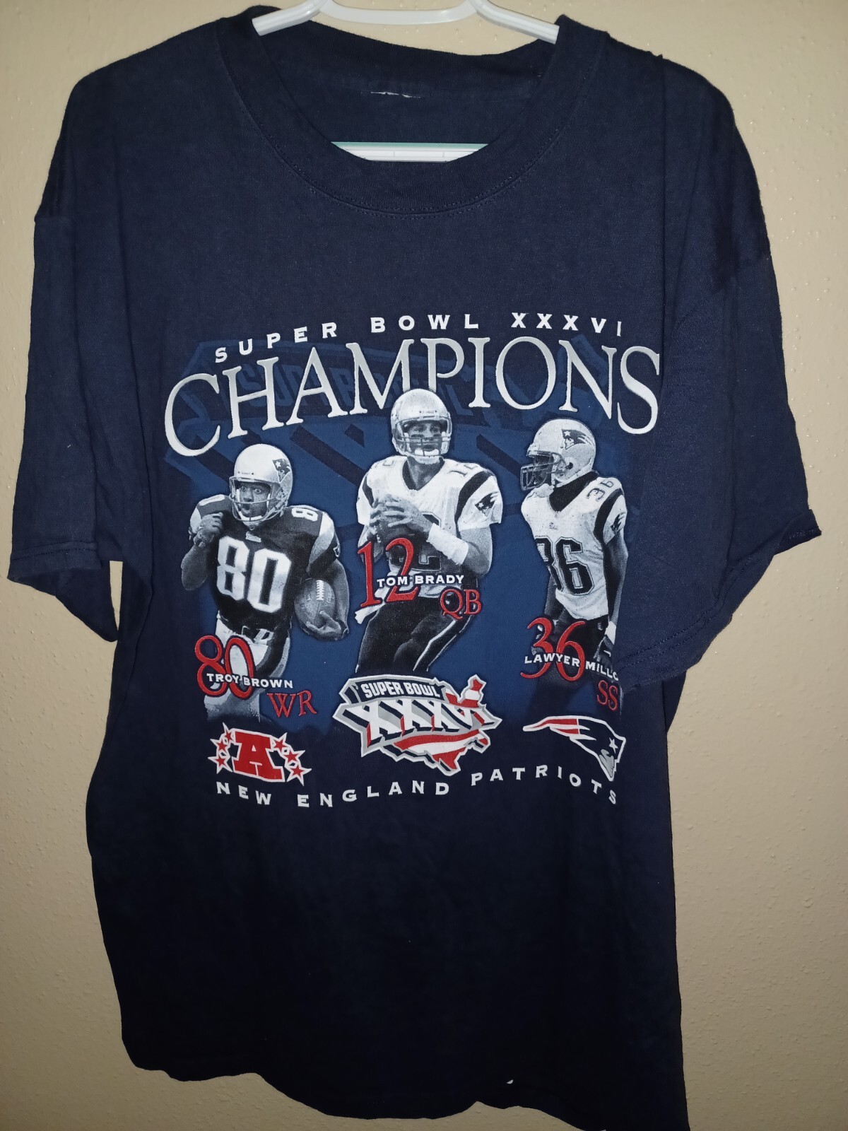 Vintage 2002 Tom Brady Photo Patriots XXXVI Super Bowl AFC Champs XL T-Shirt