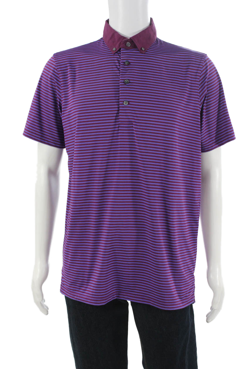 Greyson Mens Polo Button-Down Purple Striped Collared Short Sleeve Size M