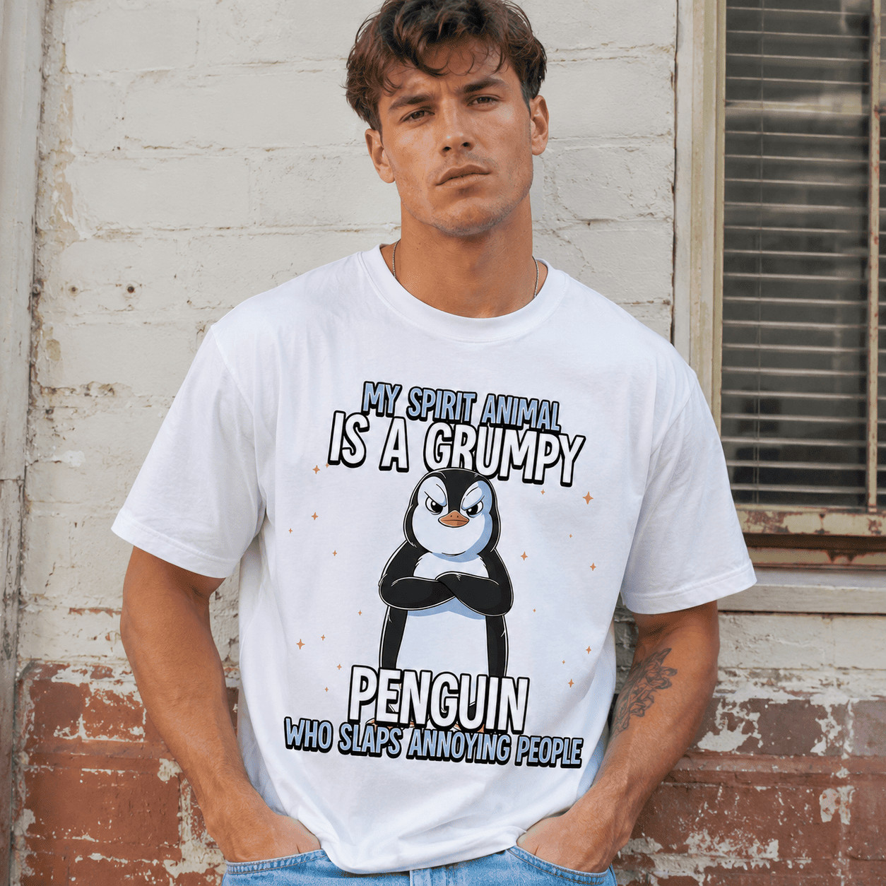 Grumpy Penguin Funny Spirit Animal Humor Graphic T-Shirt Sarcastic Tee