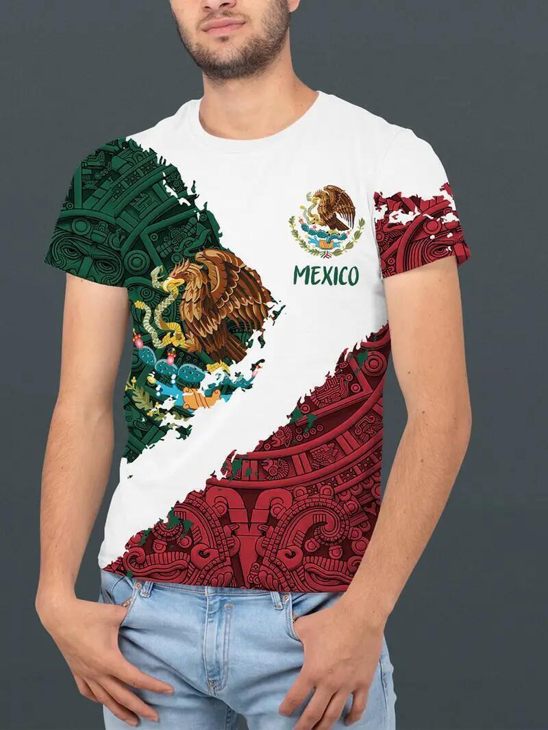 Camiseta Méxicano Azteca Águila Novedad Rojo Verde Manga Corta Camisetas Hombres