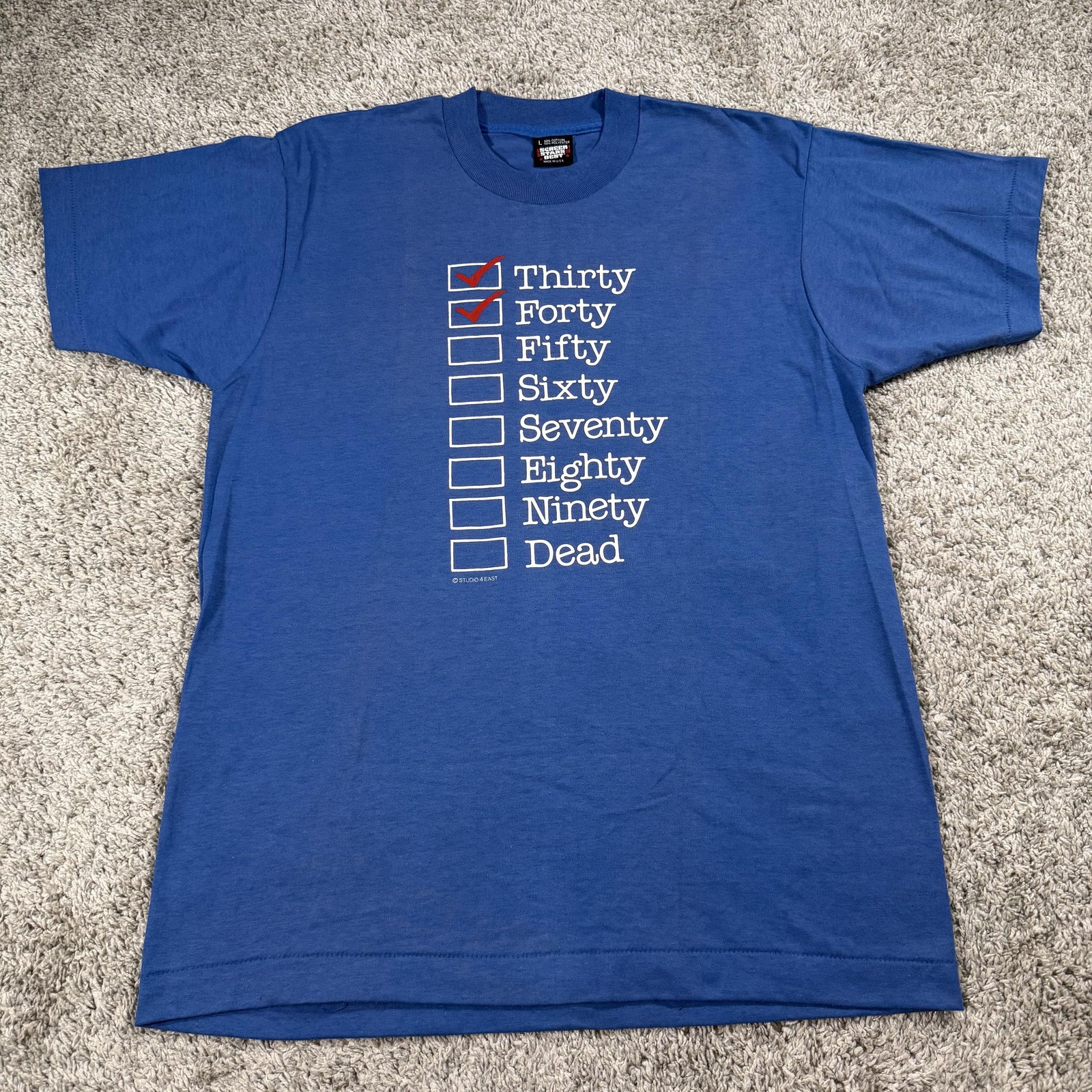 Vintage Screen Stars Best T Shirt Mens Large Blue Funny Birthday Age Checklist