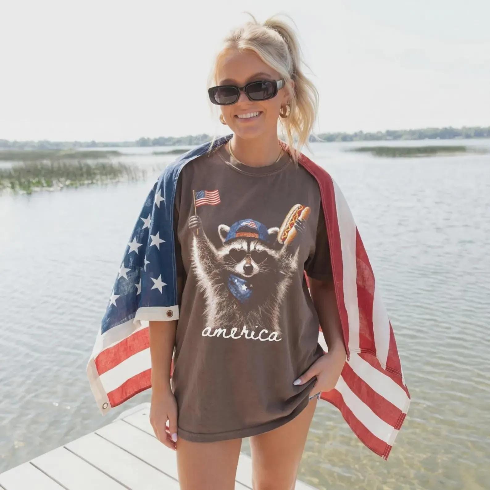 Funny Raccoon 4th of July Shirt Feral & Free Patriotic Tee Gift