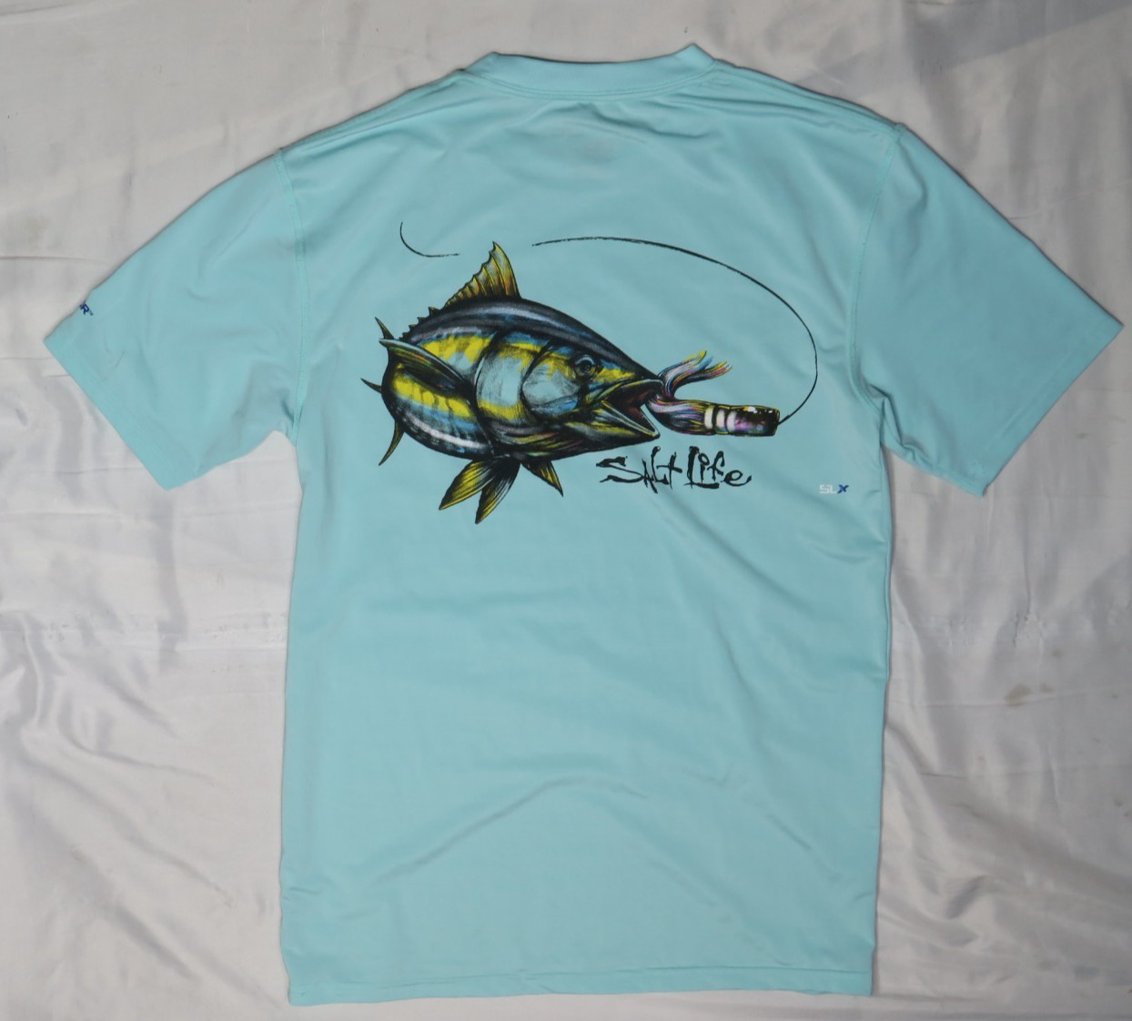 SALT LIFE SLX MENS S TEE SHIRT AQUA BLUE SS STRETCH T-SHIRT UVAPOR TUNA FISHING