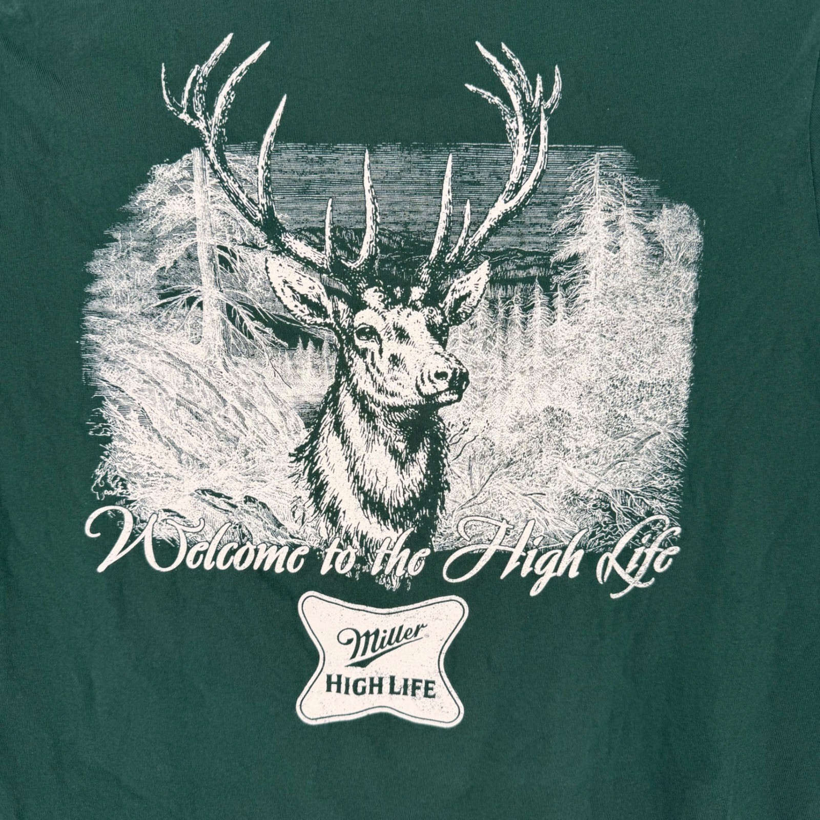 Miller High Life Mens Green Graphic T-Shirt Welcome to the High Life Deer Buck L