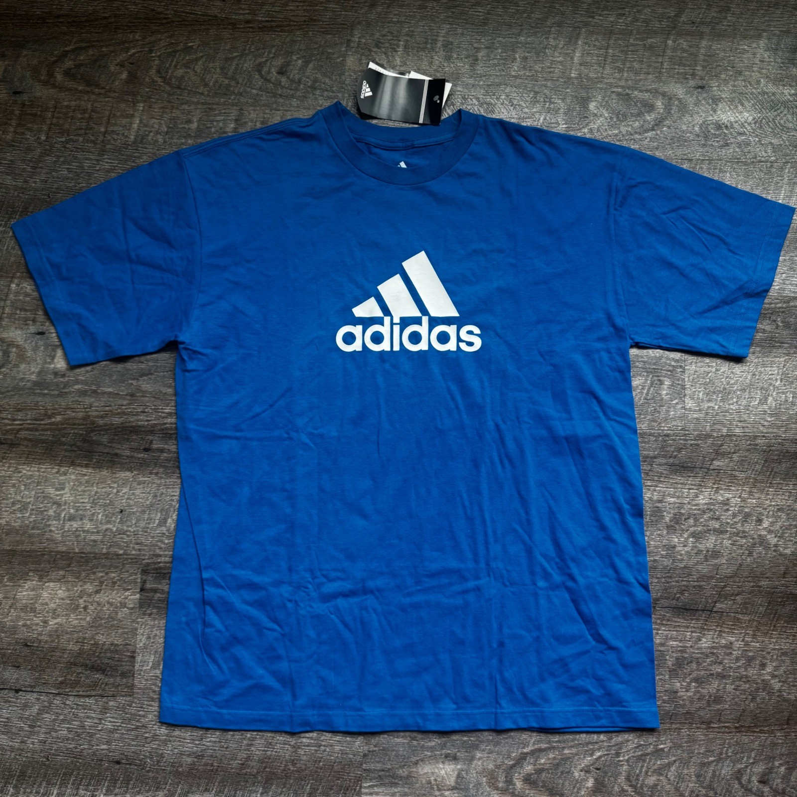 Adidas Essentials Badge of Sport BIG LOGO TEE Mens Large Blue White NEW
