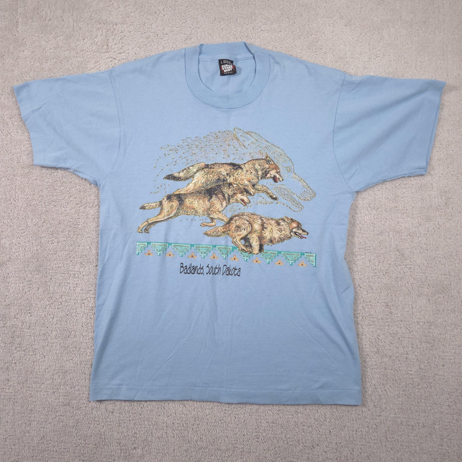 Vintage Screen Stars Best Shirt Mens Large Blue Badlands Glitter Wolves Tee 90s