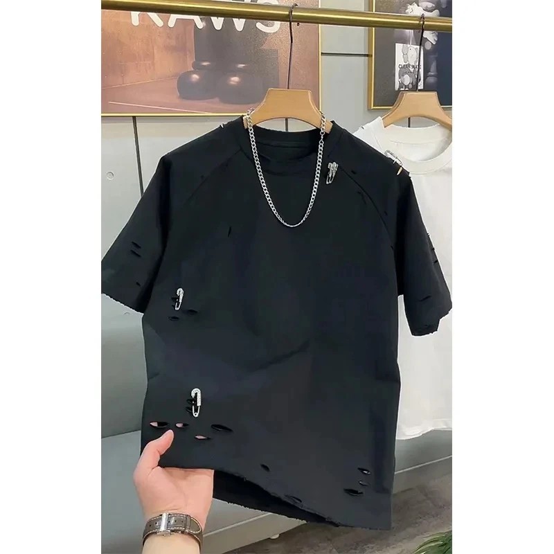 Trendy Men&rsquo;s Streetwear Distressed Cotton T-Shirt Rhinestone Pin Casual Top