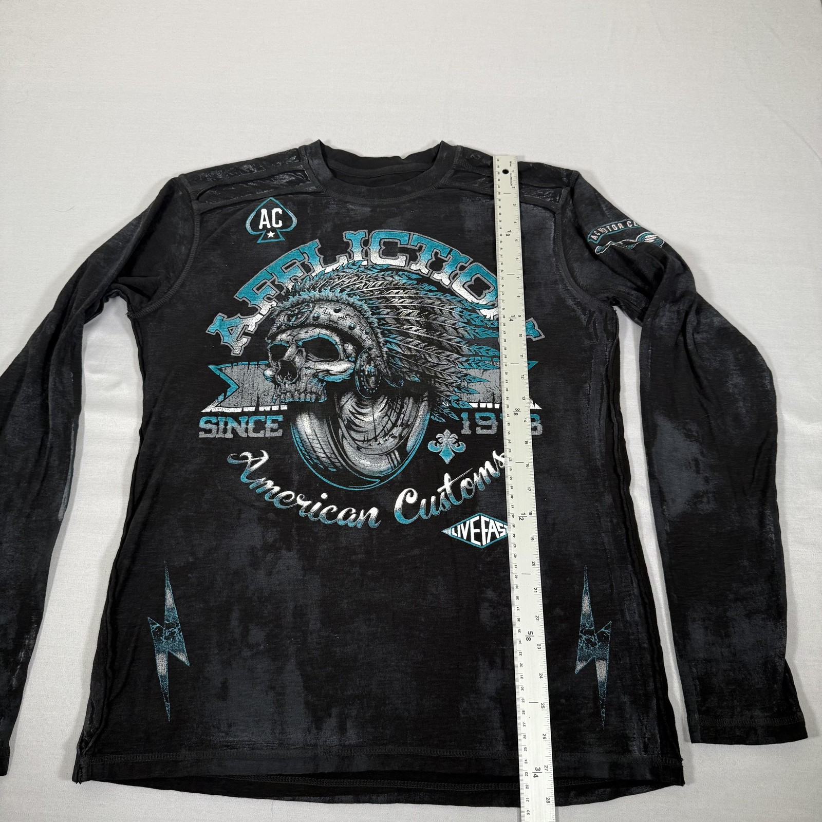 Vintage Affliction Shirt Mens Large Black Skull Racing Long Sleeve Cross AOP Y2K