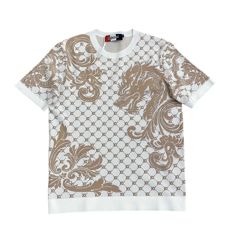 New Men Luxury Dragon Printed Jacquard Fashion White Knit T-Shirt High Quality