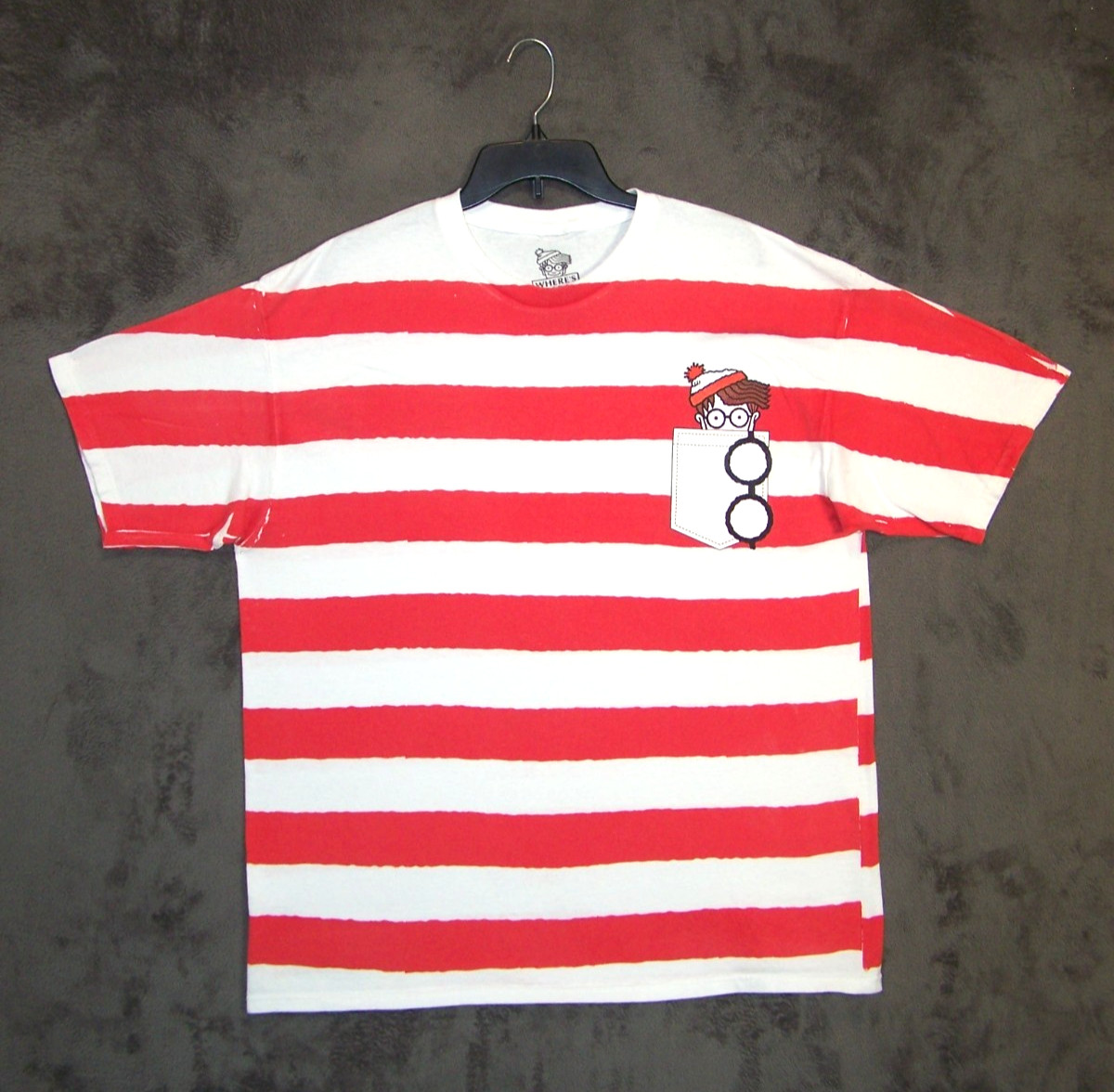 Wheres Waldo Shirt XXL 2XL White Pink Strip Graphic Logo Short Sleeve Cotton Men