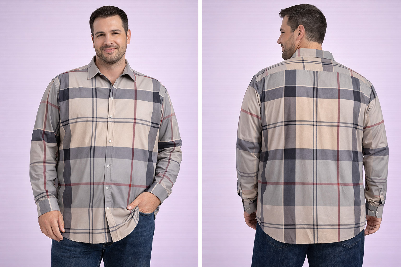 Men’s 6XL Gray Beige Plaid Button Front Shirt Long Sleeve Lightweight Stretch