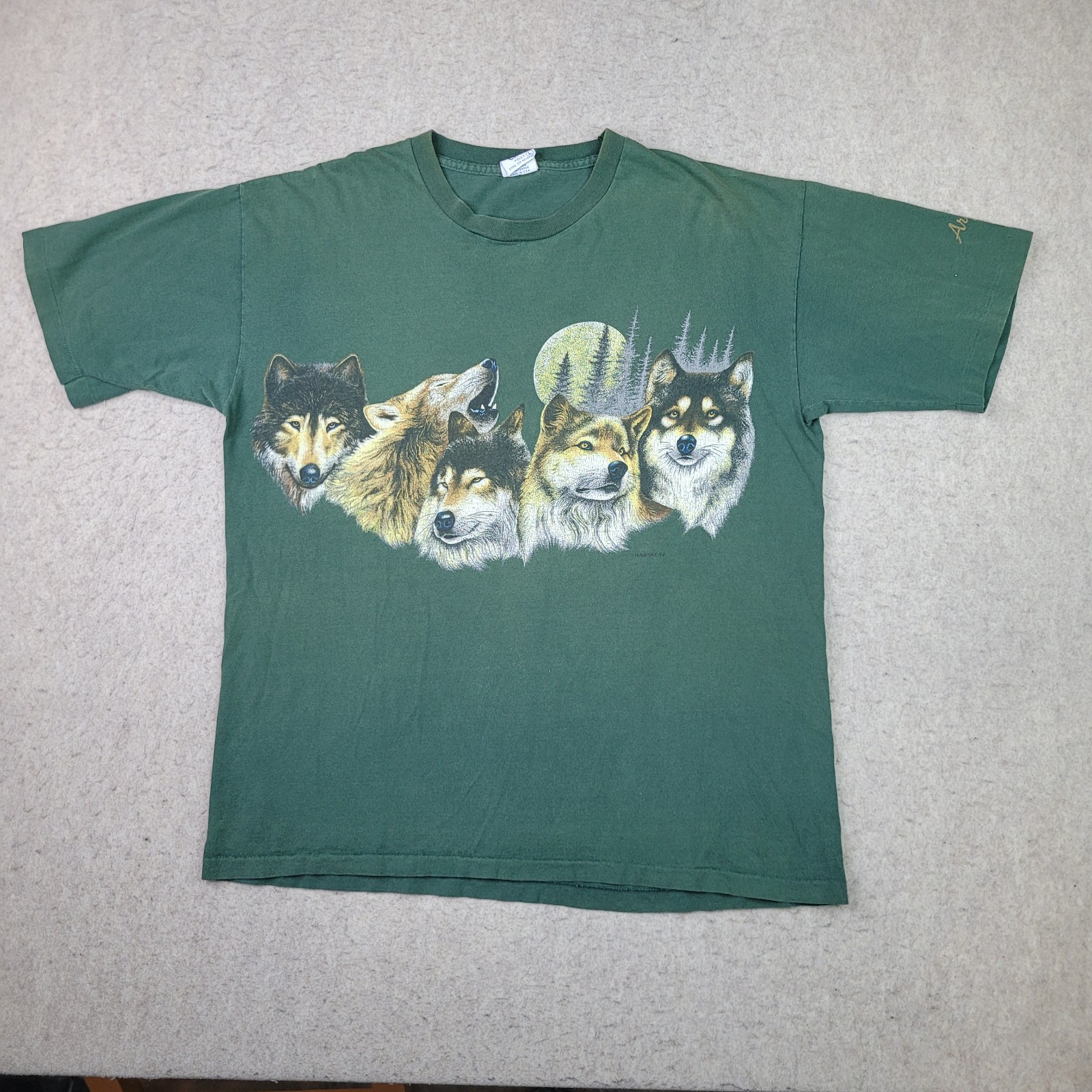 Vintage 90s Cal Cru Vintage Wolf T Shirt Men L Green Short Sleeve Arizona Grunge