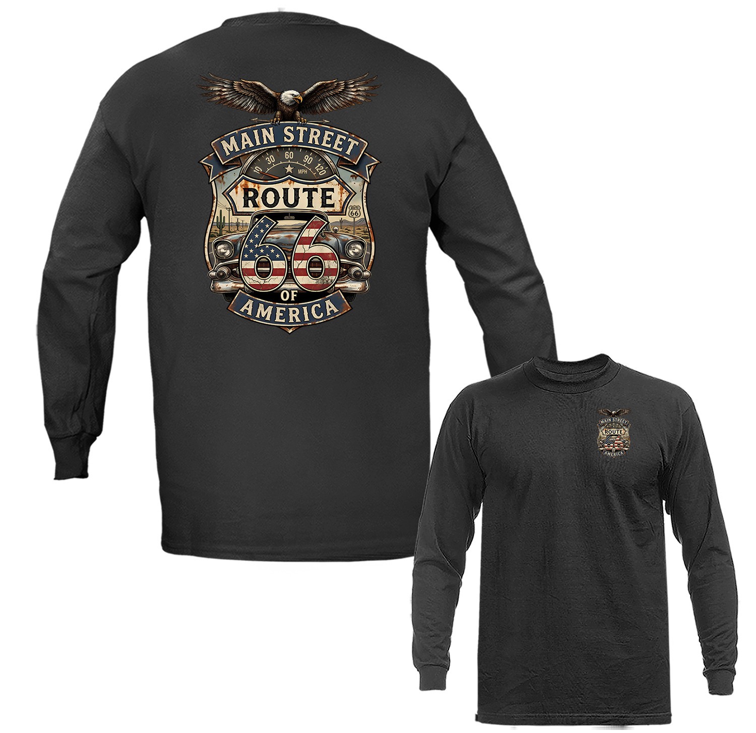 Route 66 Main Street of America Patriotic Eagle Vintage Car USA Flag Long Sleeve