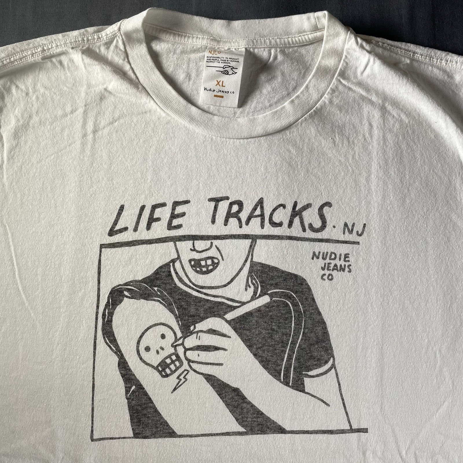 Nudie Jeans Shirt Mens XL white T-Shirt Life Tracks Tattoo Music Graphic Punk