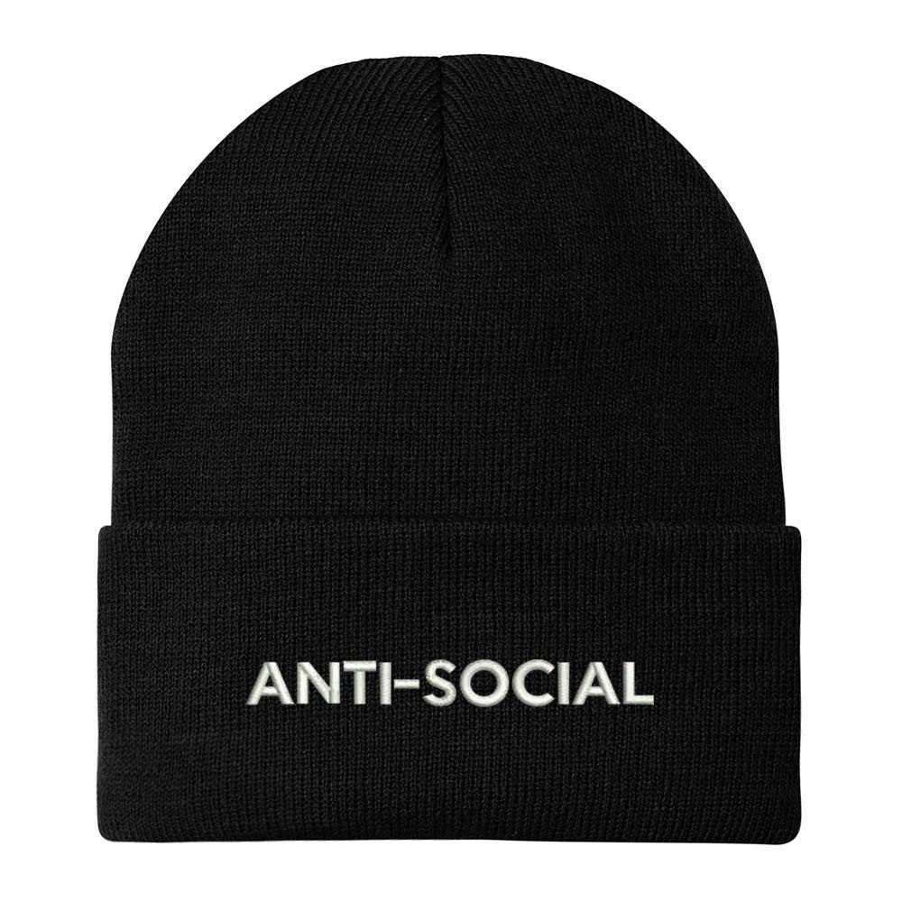 Anti Social Embroidered Winter Long Cuff Beanie – Black