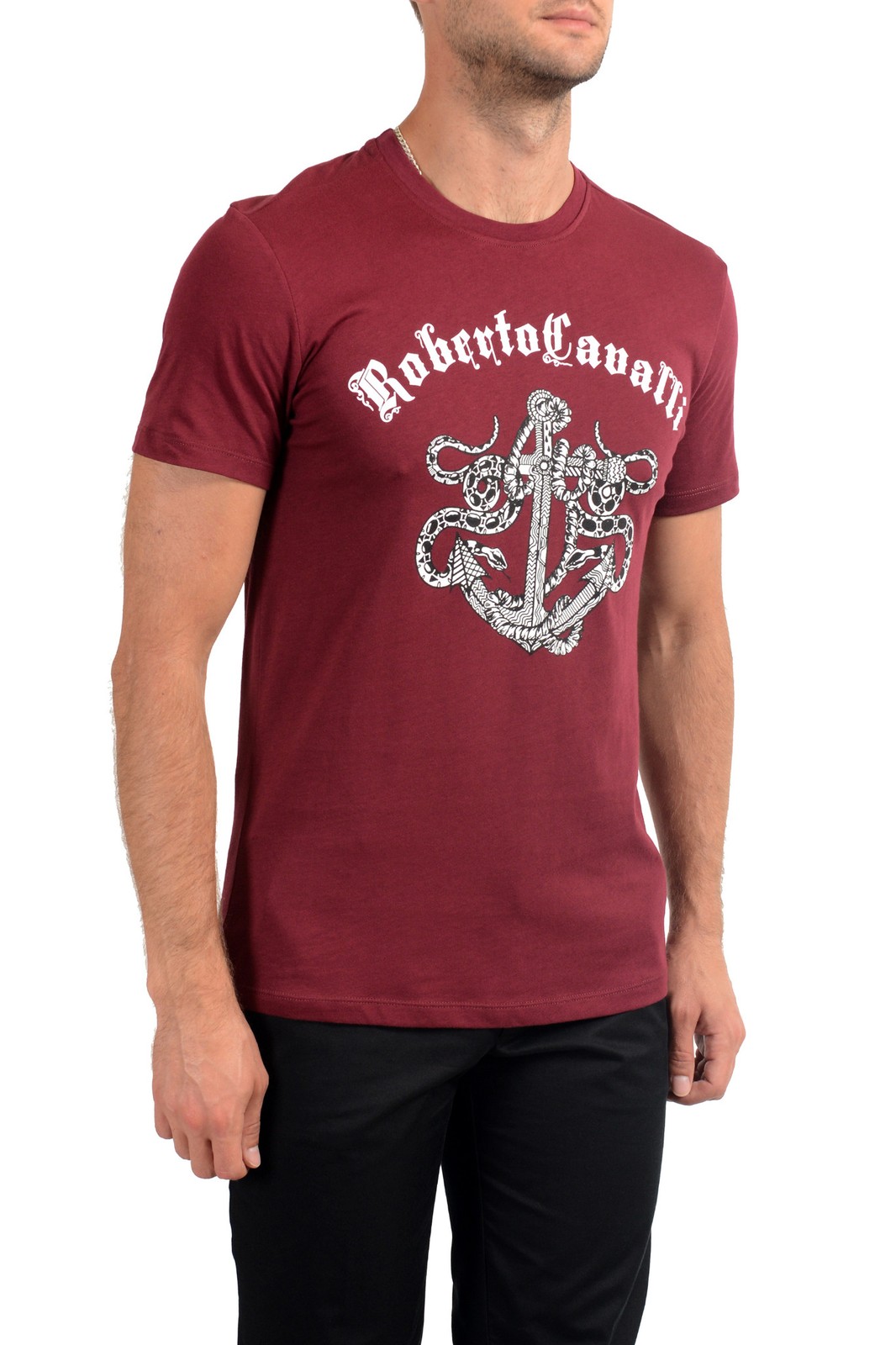 Roberto Cavalli Men&rsquo;s Burgundy Graphic Print Crewneck T-Shirt US M IT 50