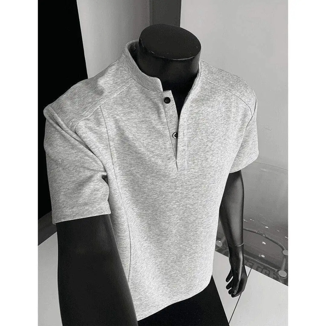 American Style Henry Collar Shirt Men&rsquo;s Summer Splice Mamba Cotton Short Sleeve