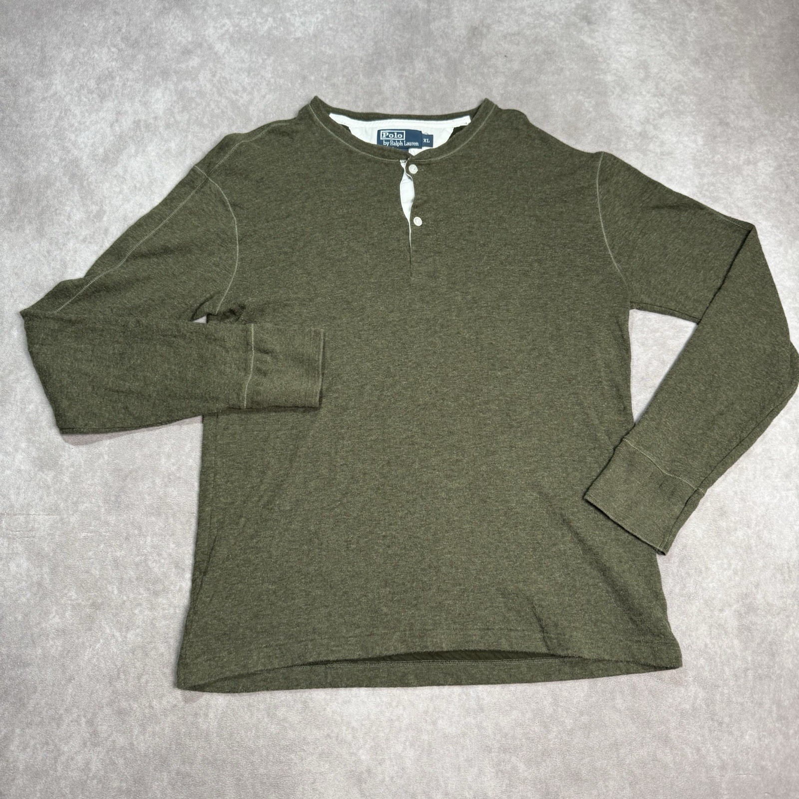 Vintage Polo Ralph Lauren Shirt Mens XLarge Mossy Green Lined Henley Slub Cotton
