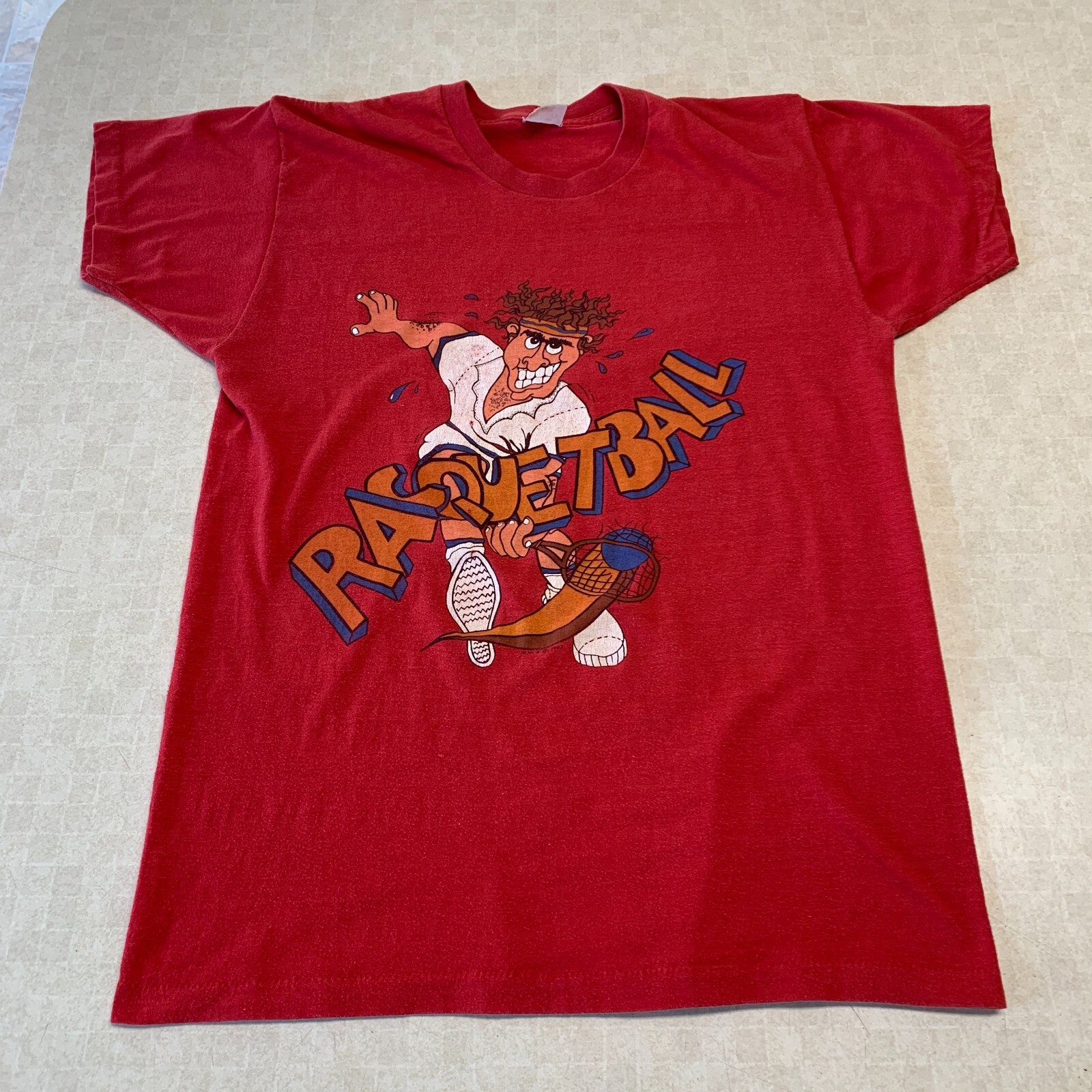 Vintage 1980&rsquo;s 50 50 Racquetball Player Print T Shirt Made USA