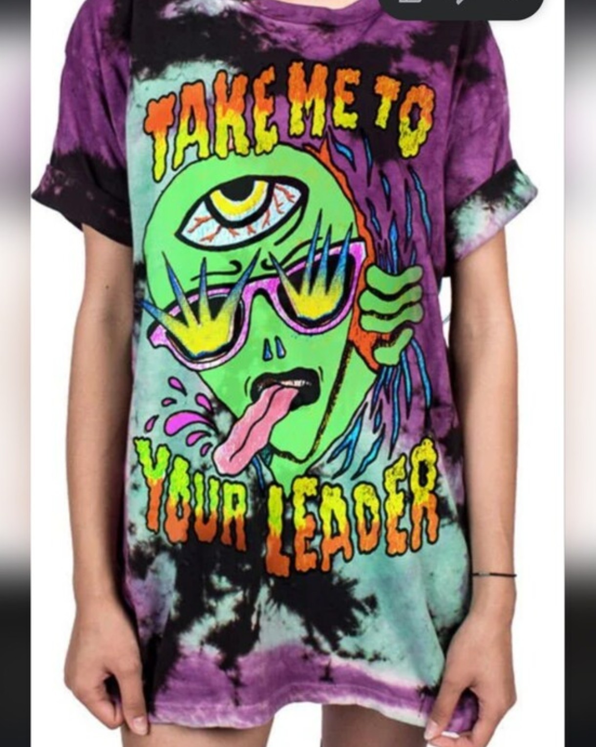 Tie-Dye Alien Graphic “Take Me To Your Leader” Crew Neck T-Shirt L