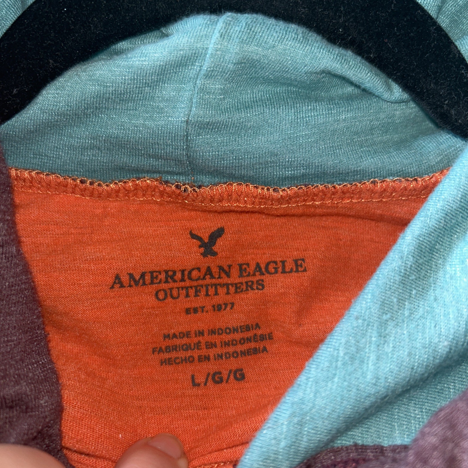 American Eagle Hooded Long Sleeve Shirt Light Hoodie Orange Colorblock Hood Lg