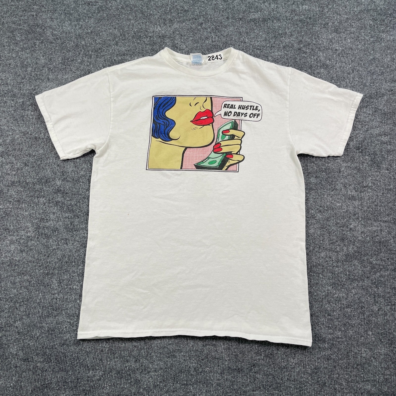 Vintage Y2K Real Hustle No Day-Off Pop Art Shirt Medium 19×25 White