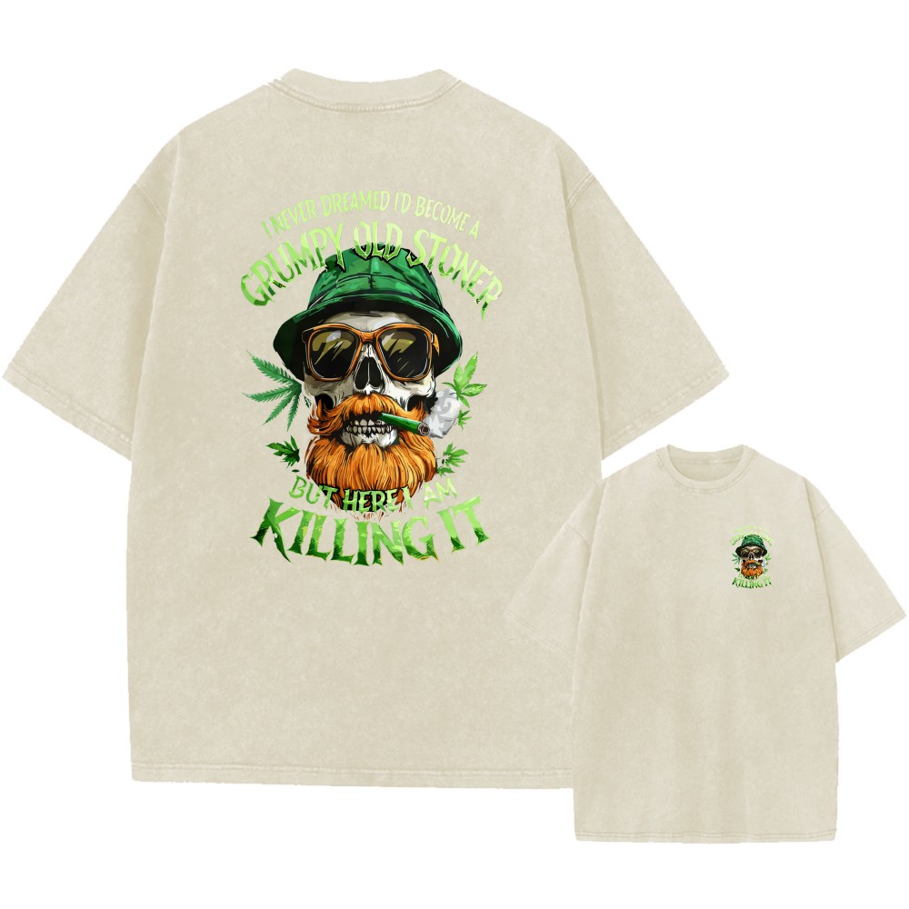100% Cotton Oversized T-Shirt, Grumpy Old Stoner Skull Graphic Streetwear Tee