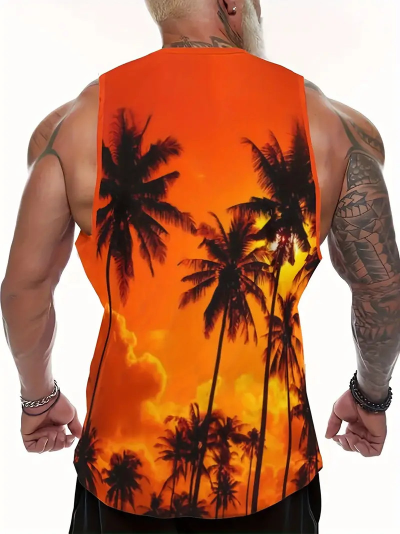 Men Fashion Sunset Coconut Tree Tank Top Comfort Fit Slight Stretch Summer Gym