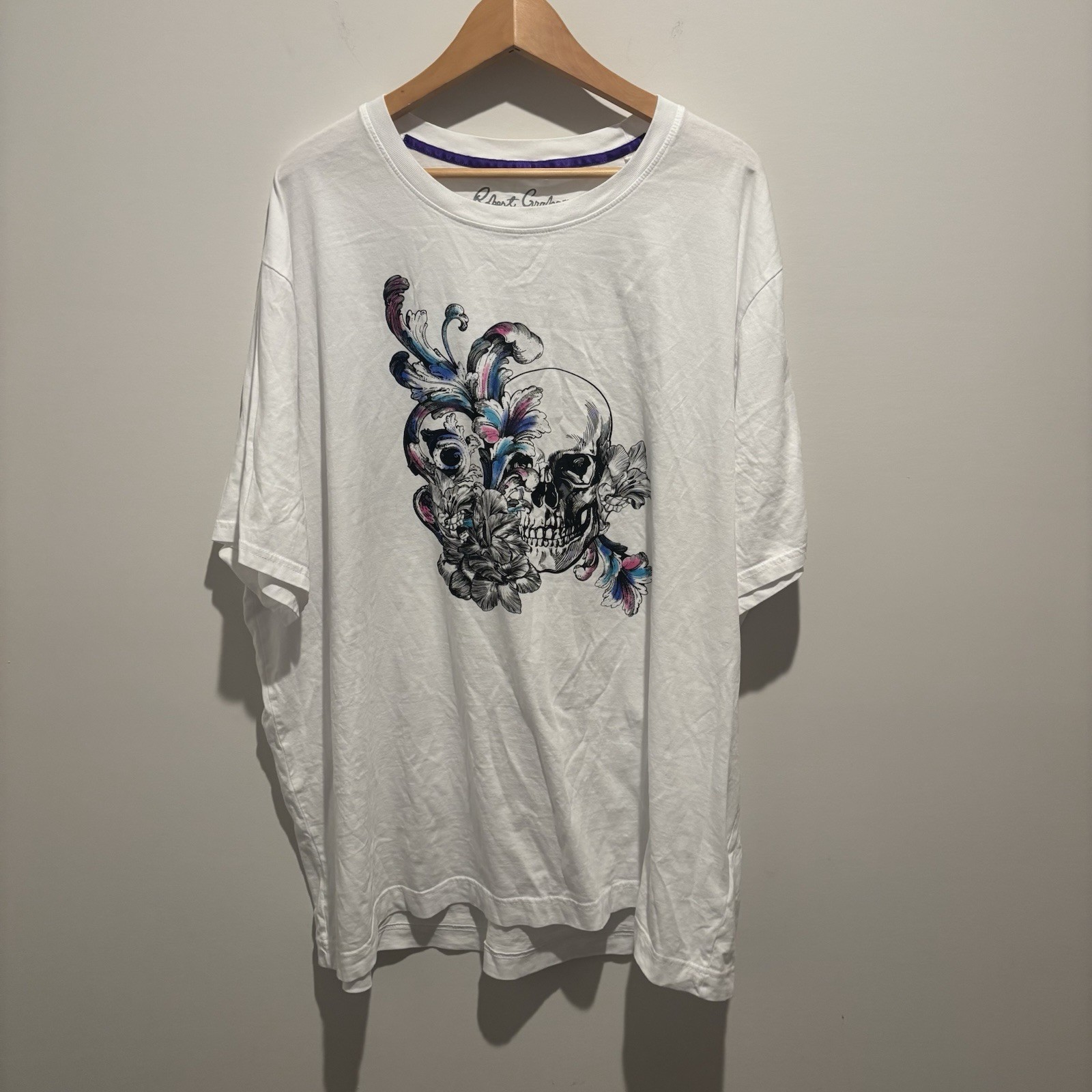 Robert Graham Mens T-shirt Mens 2XLT Graphic Print Tee Skulls Floral White