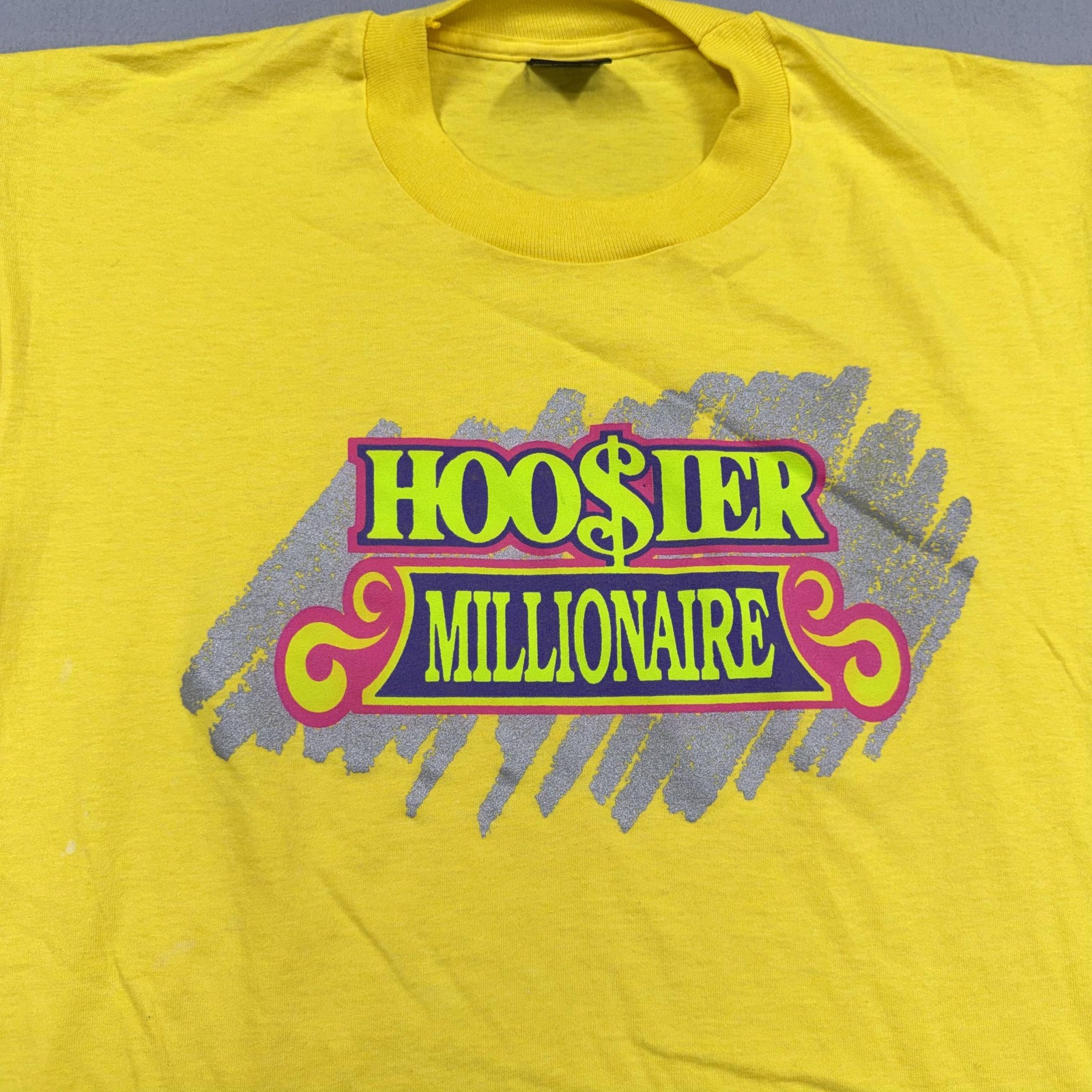 Vintage Hoosier Millionaire Shirt Mens XL Yellow Screen Stars Best Made USA 90s