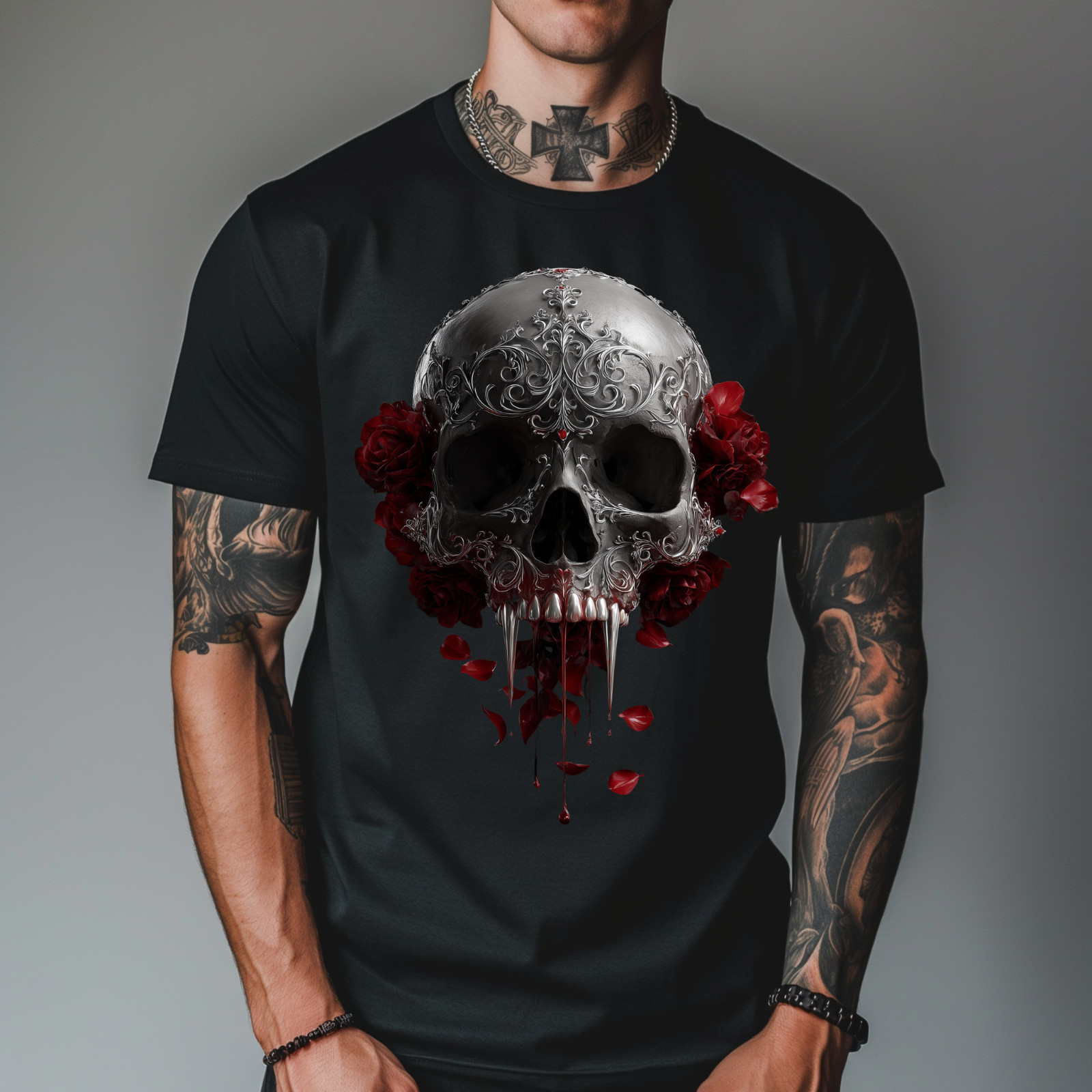 Vampire Skull T-Shirt – Blood Dripping Fangs, Gothic Filigree, Dark Rose Art