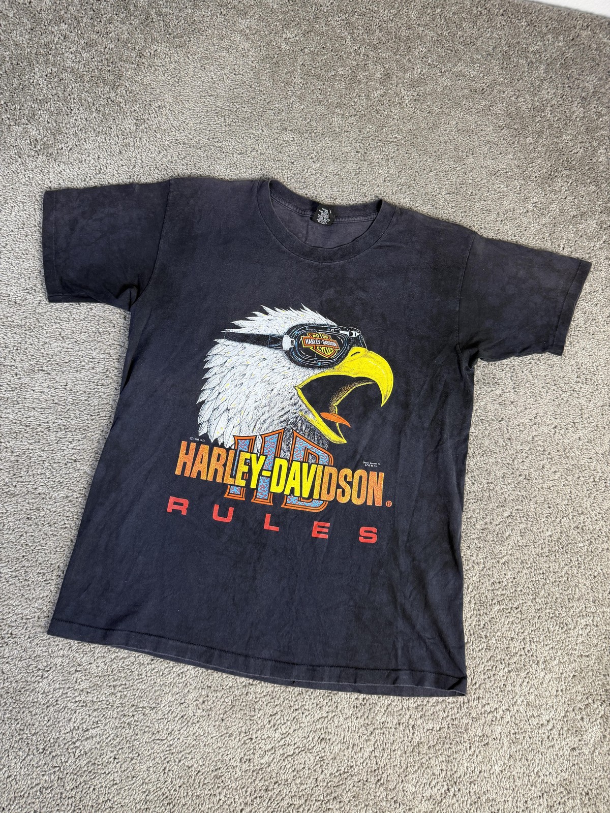 Vintage 90s Harley Davidson Shirt Mens Large Black RULES Screaming Eagle Faded