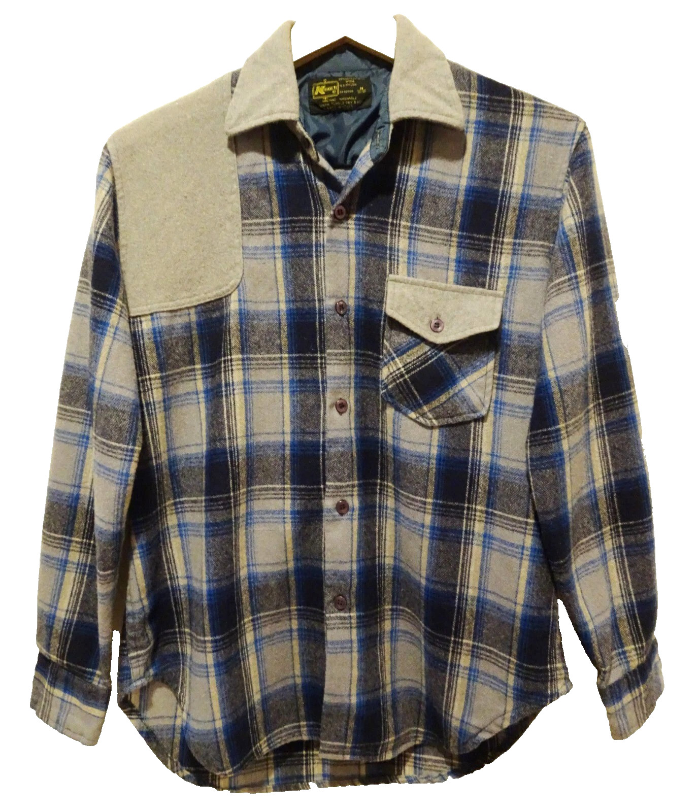 M Vtg 70s Kmart Blue Gray Black Shadow Plaid Wool Nylon Flannel Men&rsquo;s Shirt M